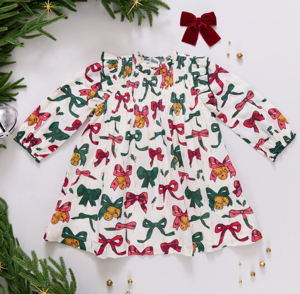 Pink Chicken- Girls Jaipur Dress: Christmas Bows and Bells