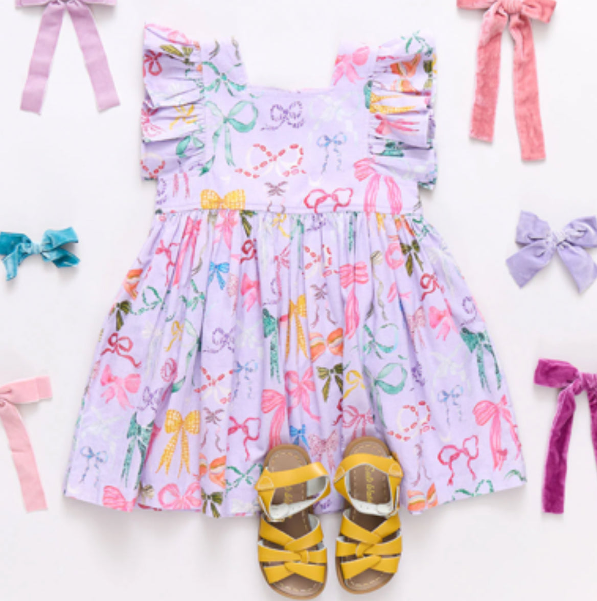 Pink Chicken- Girls Elsie Dress - Lavender Watercolor Bows