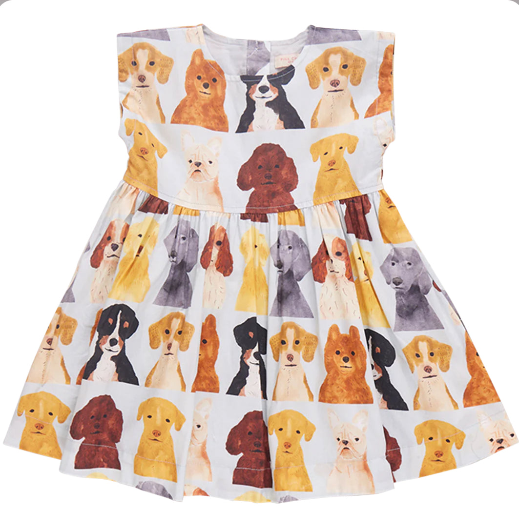 Pink Chicken- Girls Adaline Dress - Light Blue Watercolor Dogs