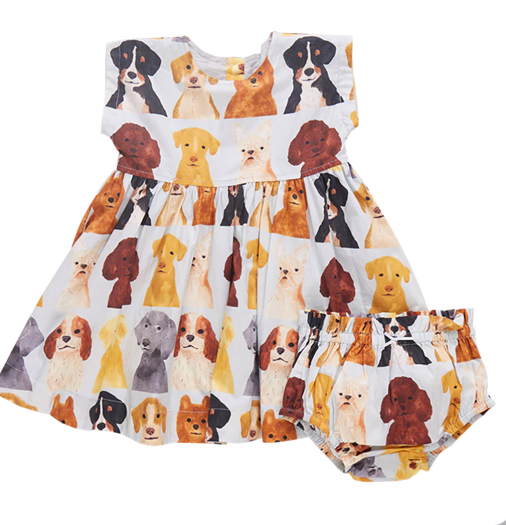 Pink Chicken- Baby Girls Adaline Dress Set - Light Blue Watercolor Dogs