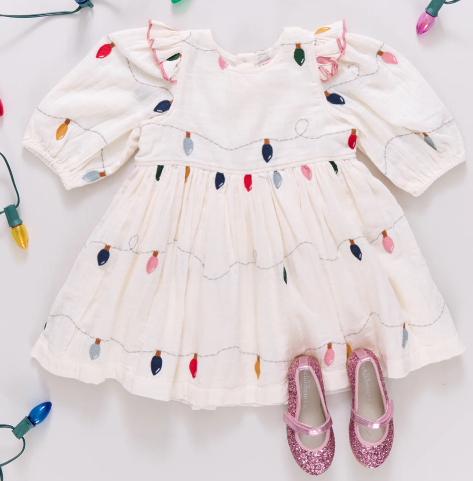 Pink Chicken- Girls Embroidery Brooke Dress: Christmas Lights