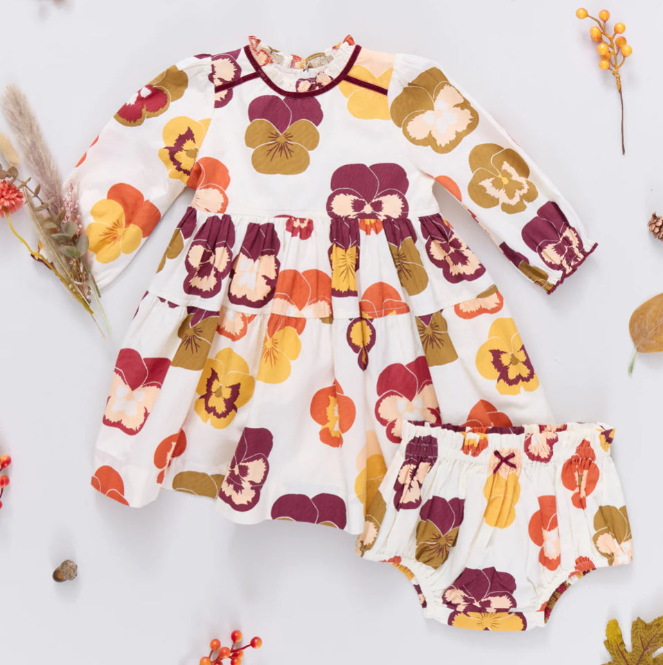 Pink Chicken: Baby Girls Charlie Dress Set - Autumn Pansies
