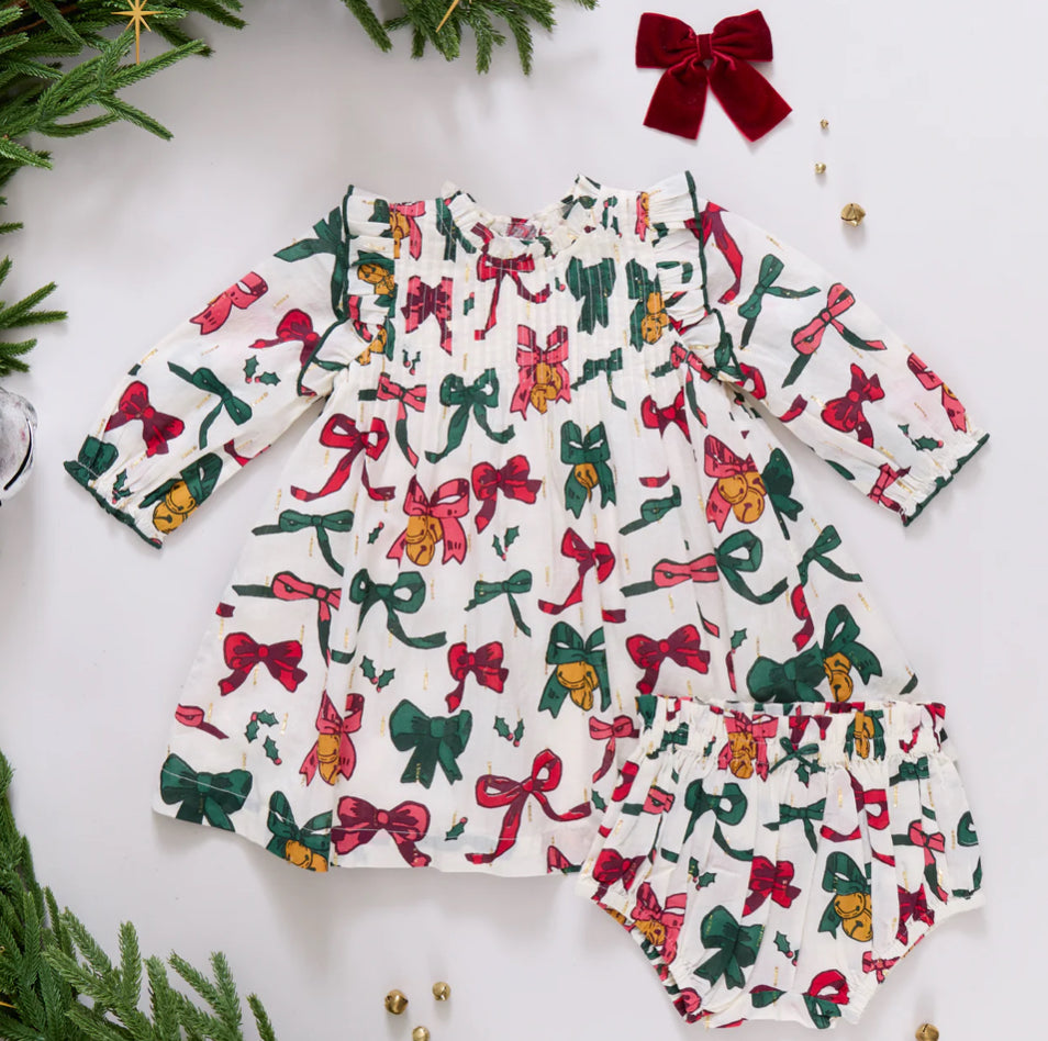 Pink Chicken- Baby Girls Jaipur Dress Set: Christmas Bows and Bells