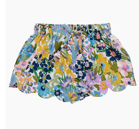 Pink Chicken- Girls Scallop Short: Blue Large Sketched Floral