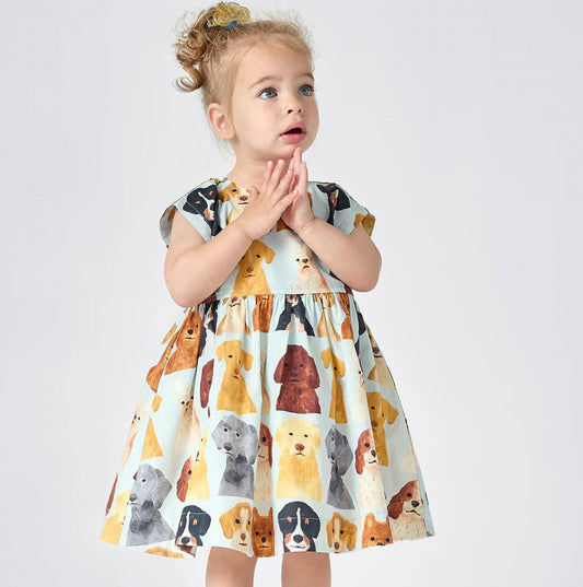 Pink Chicken- Baby Girls Adaline Dress Set - Light Blue Watercolor Dogs