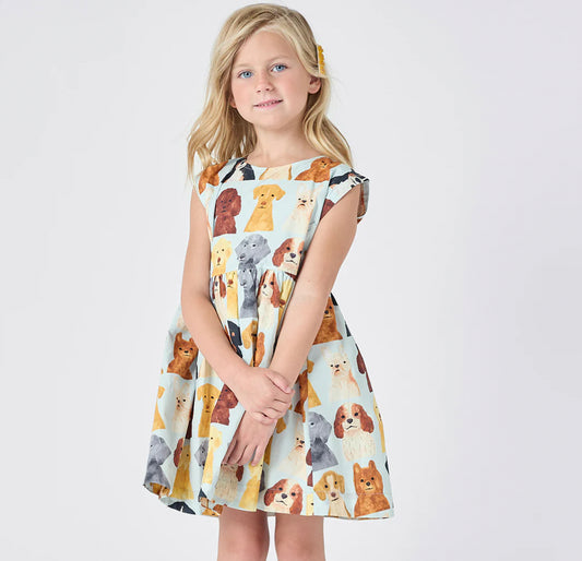 Pink Chicken- Girls Adaline Dress - Light Blue Watercolor Dogs