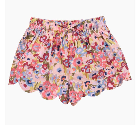 Pink Chicken- Girls Scallop Short: Burgundy Sketched Floral