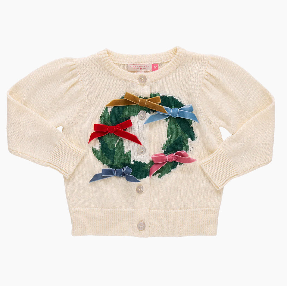 Pink Chicken- Girls Constance Sweater: Holiday Wreath