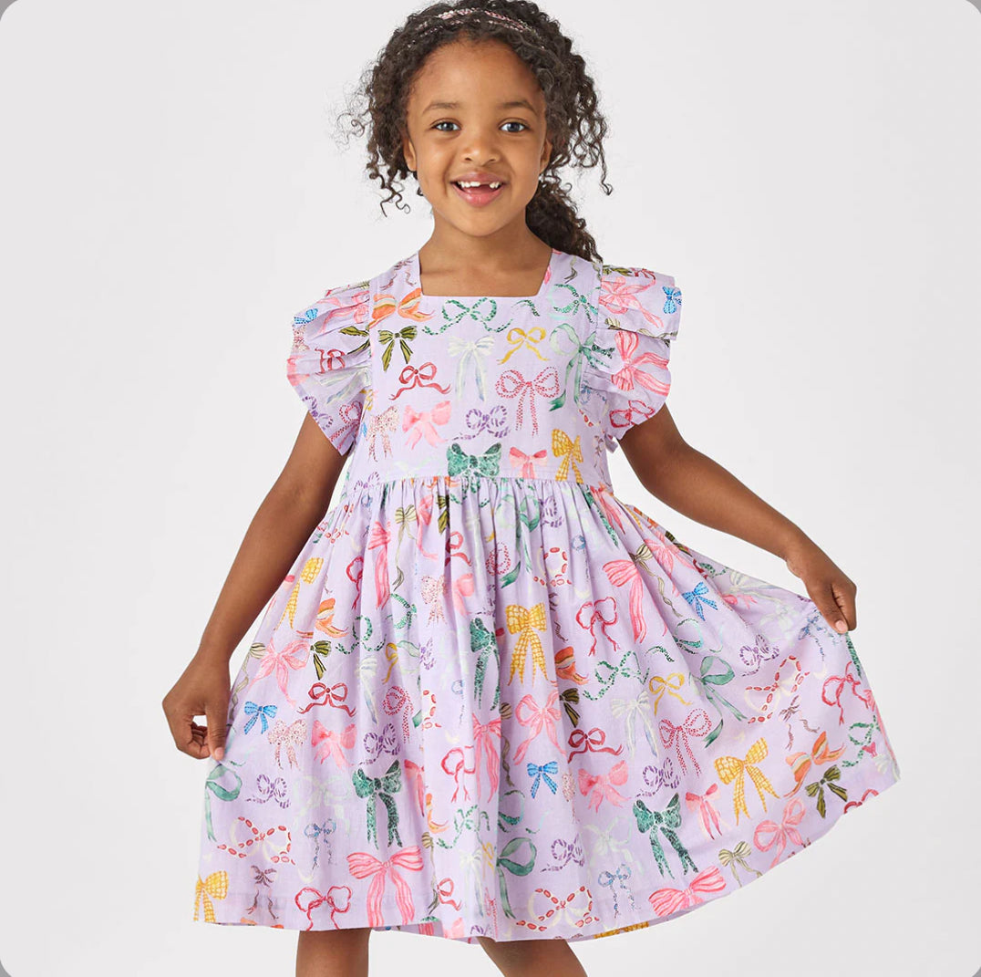 Pink Chicken- Girls Elsie Dress - Lavender Watercolor Bows