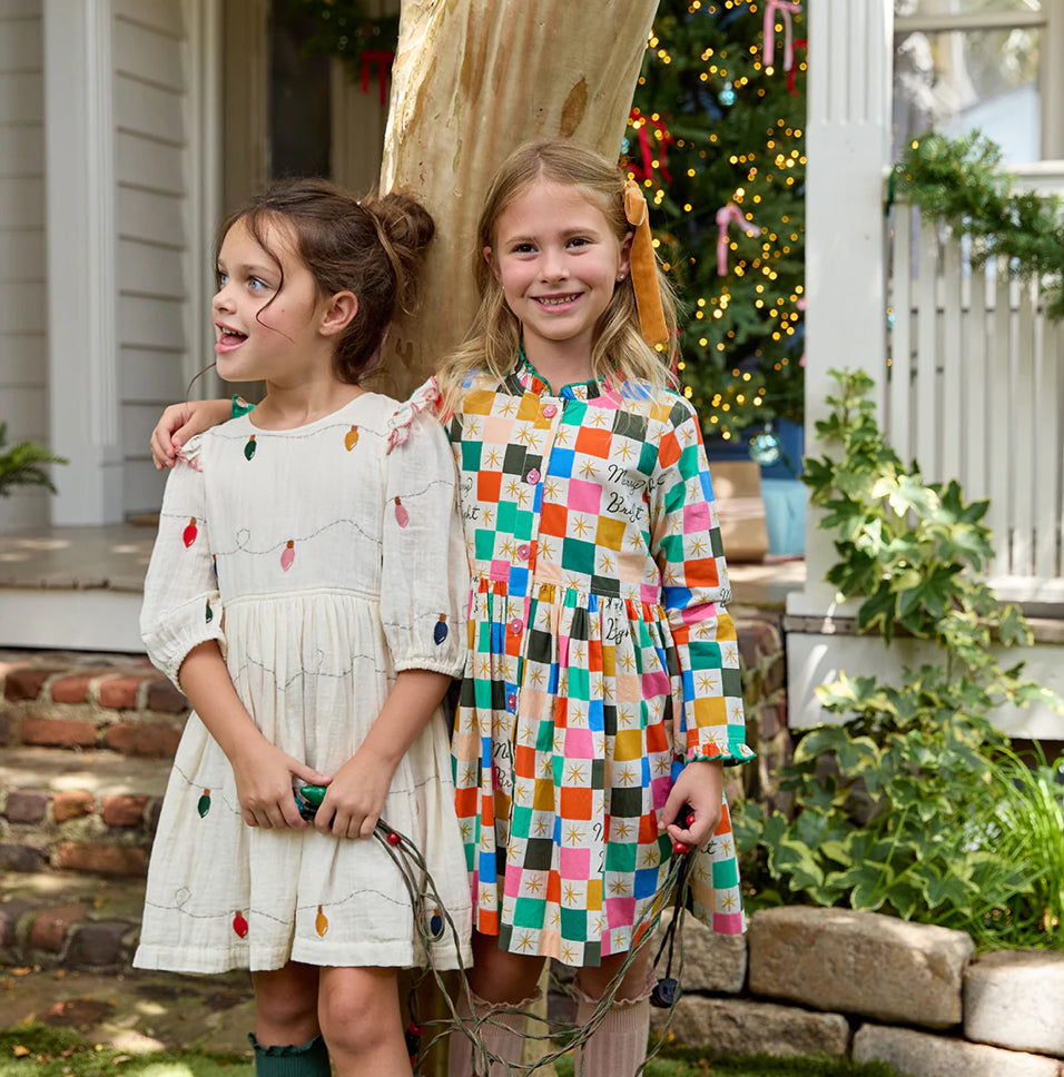 Pink Chicken- Girls Embroidery Brooke Dress: Christmas Lights