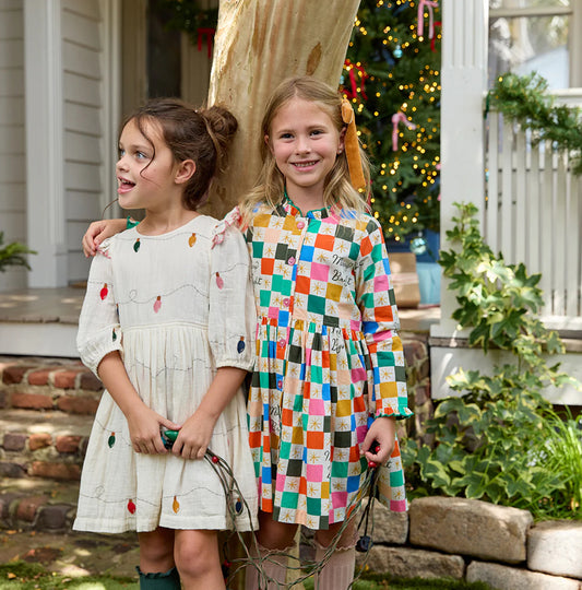 Pink Chicken- Girls Embroidery Brooke Dress: Christmas Lights