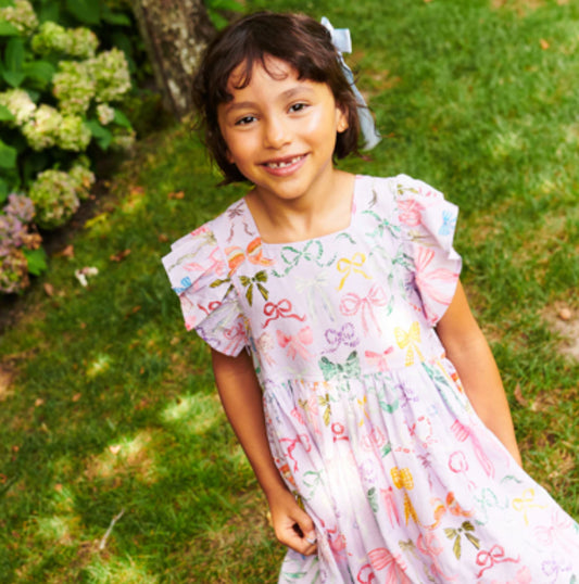 Pink Chicken- Girls Elsie Dress - Lavender Watercolor Bows